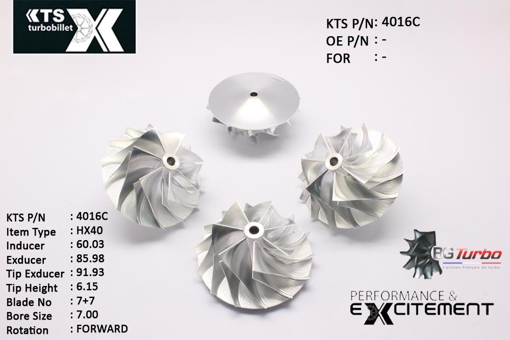 Turbo ROUE FORGÉE MFS PERFORMANCE - 7+7 PALES - INDUCER : 60,03 - EXDUCER : 85,98 - TYPE : HX40ANGLE : 60° - ROTATION : Forward - SUPER BACK : 4,96 - BORE SIZE : 7
